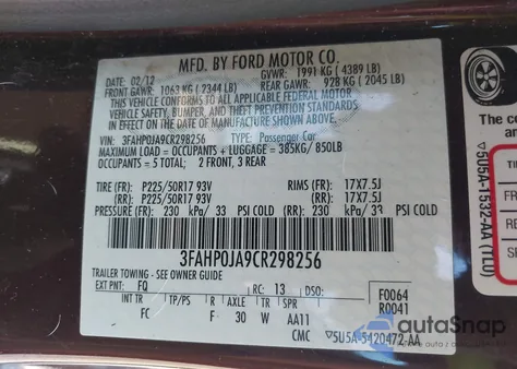 2012 Ford Fusion Sel from USA, damaged, VIN 3FAHP0JA9CR298256